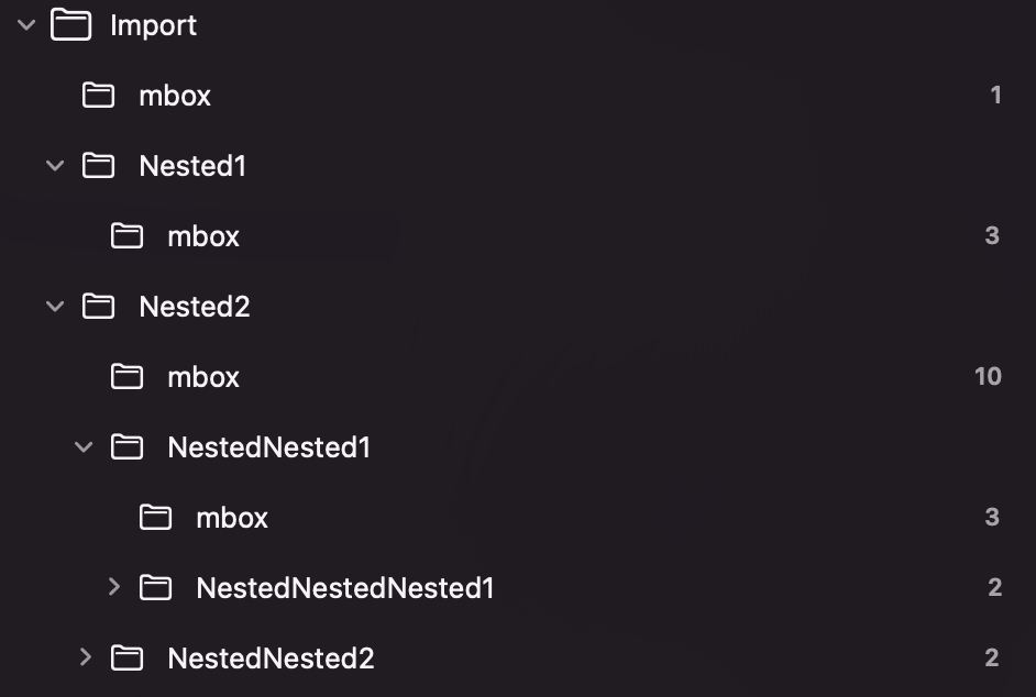 Apple Mail sidebar showing imported Outlook folders with MBOX subfolders containing the emails