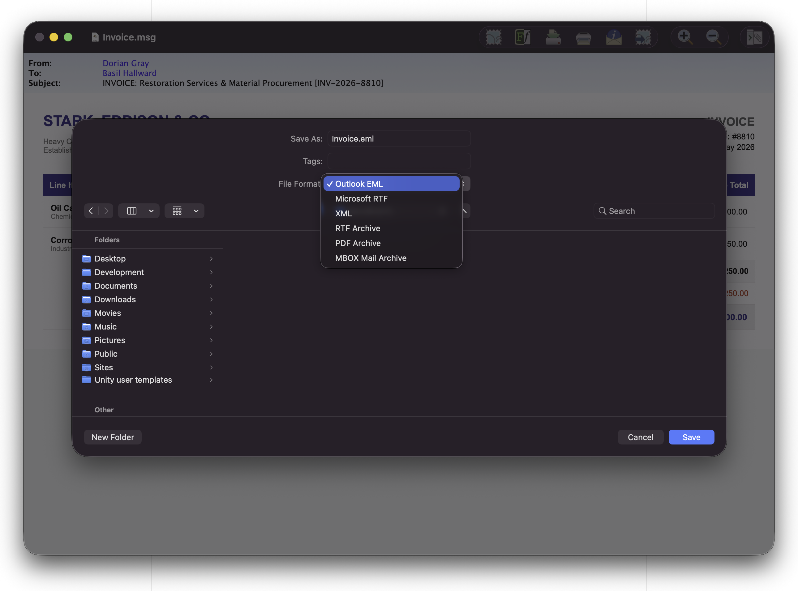MailRaider export menu on Mac showing PDF, RTF, EML, and other export format options