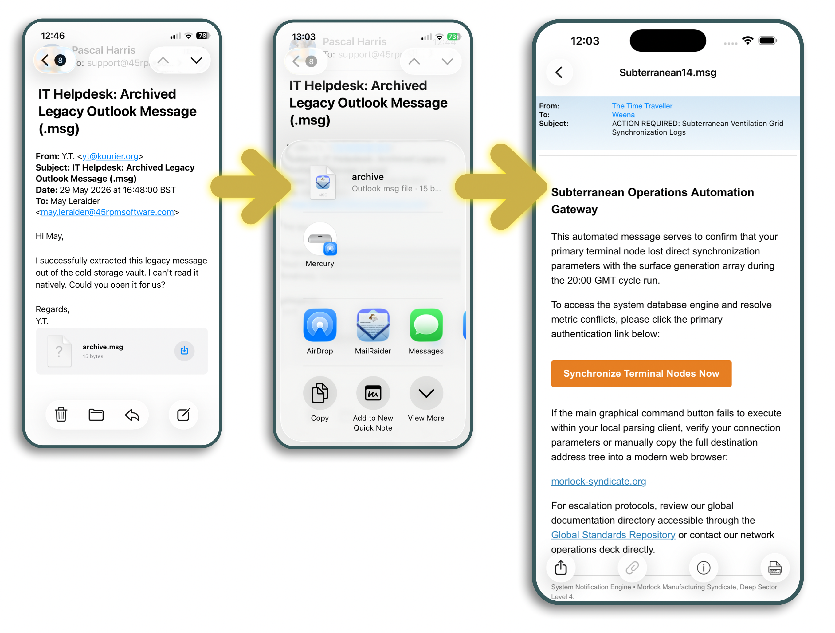 msg in iPhone Mail app on the left, opened in MailRaider on the right