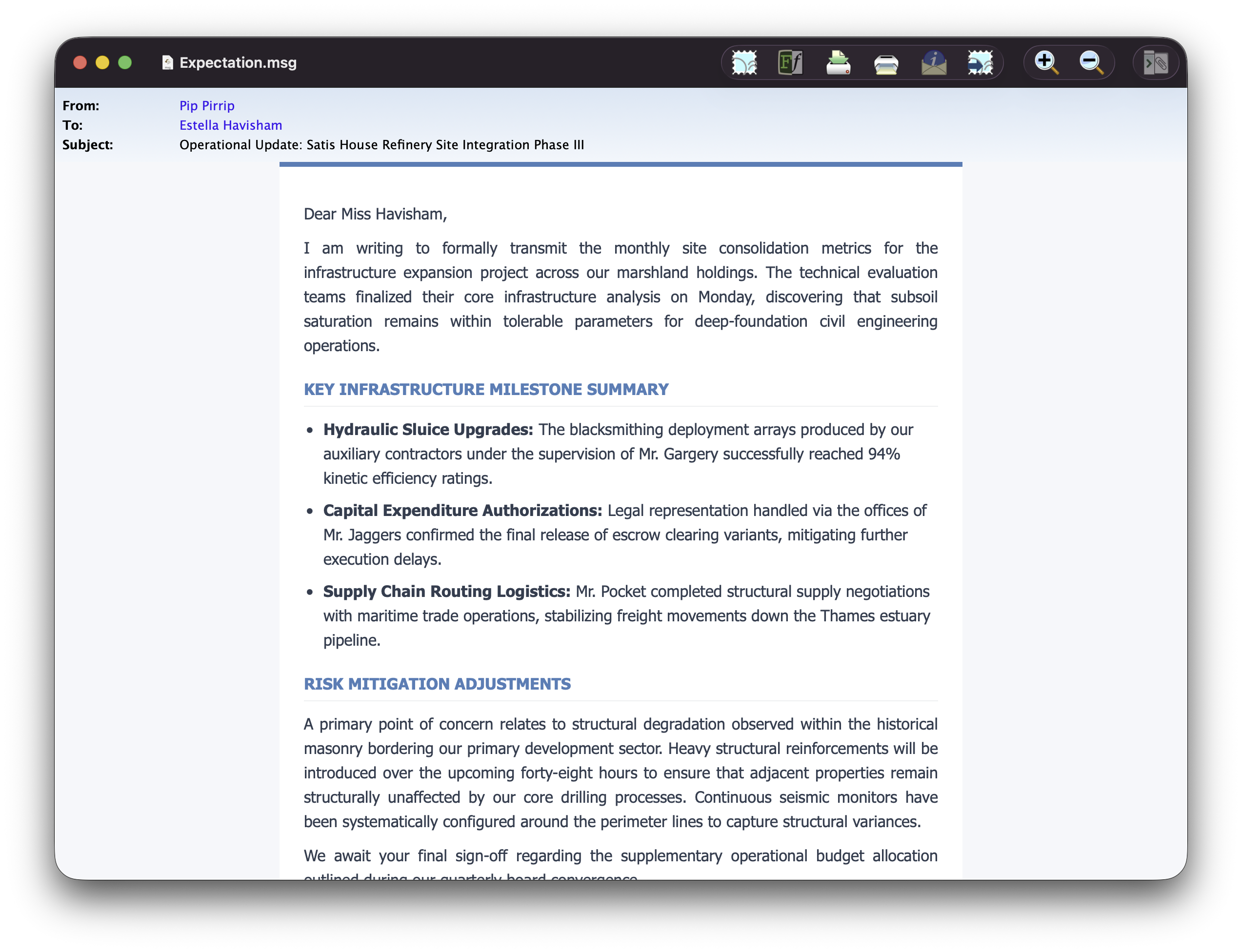 A .msg file in Finder opened in MailRaider on Mac, showing full formatting
