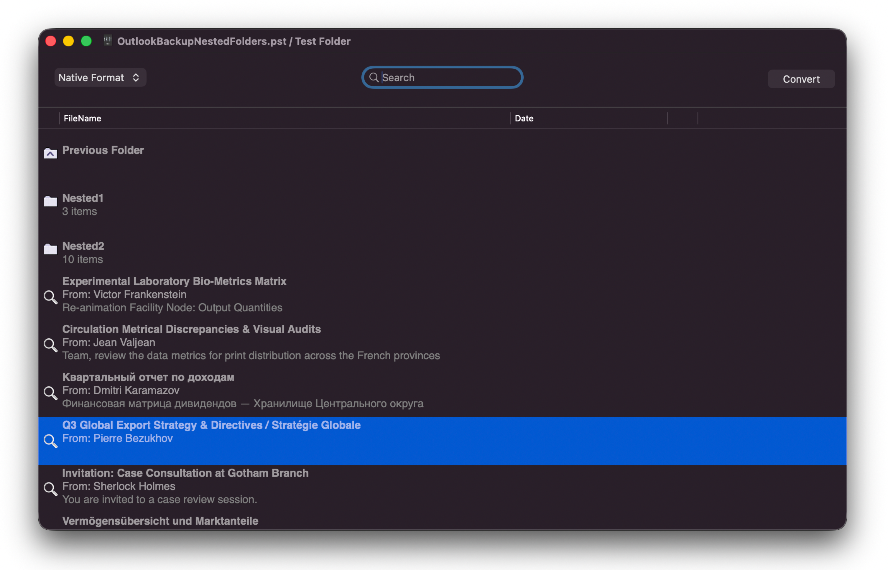 MailRaider Pro showing a PST archive folder tree on the left and email list on the right