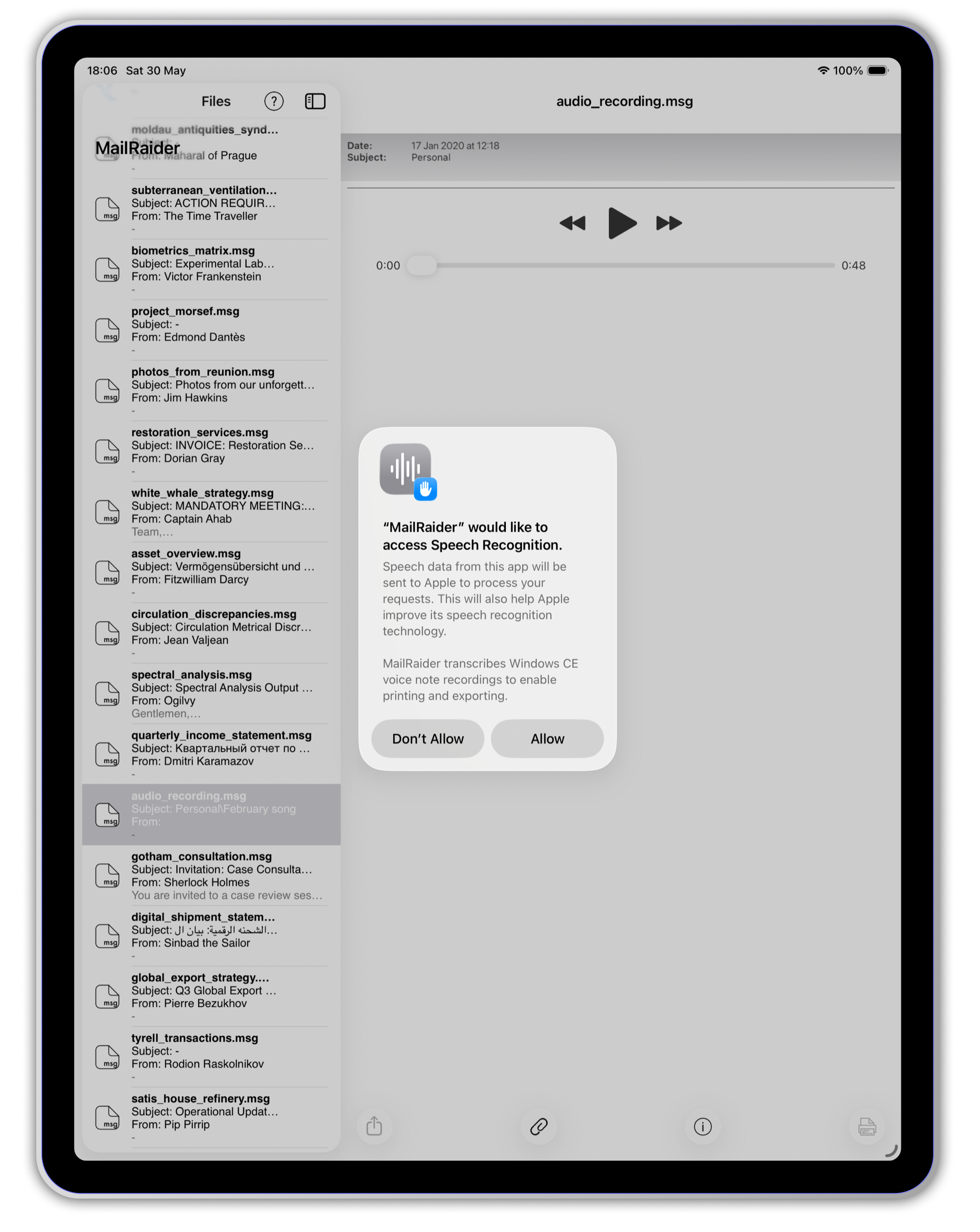 Voice note transcription in MailRaider, showing the Transcribe button and a text transcript